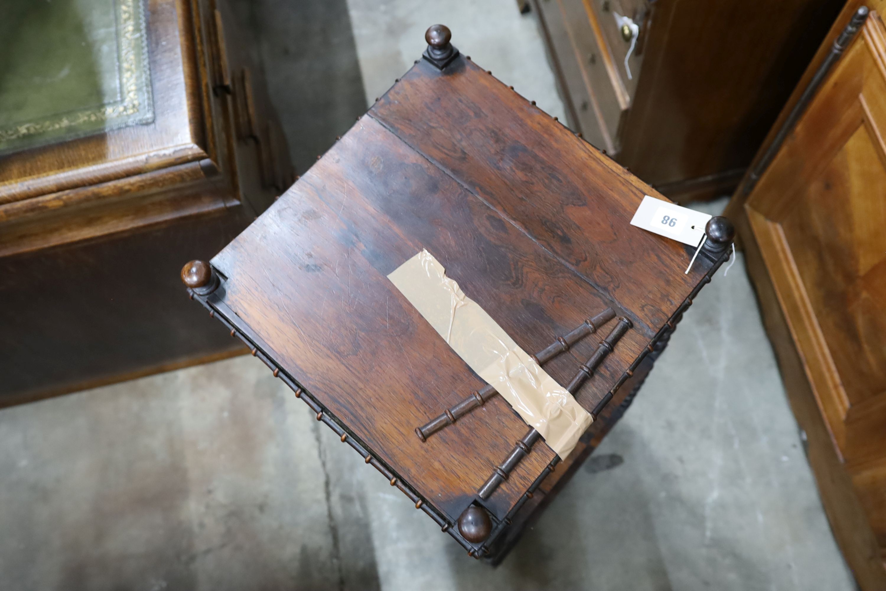 A Regency rosewood three tier whatnot, width 39cm, depth 39cm, height 89cm